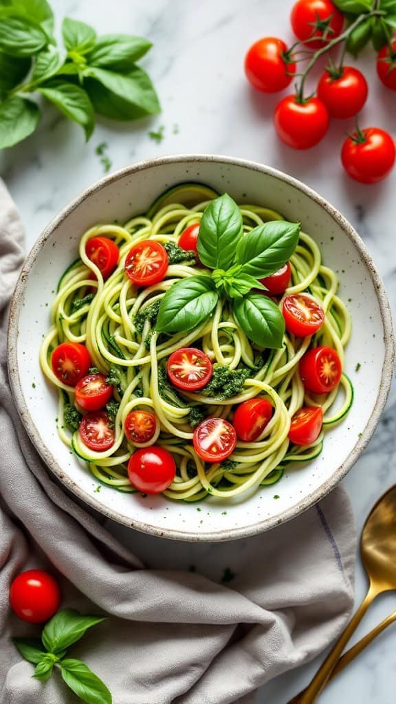 A bowl of zucchini noodles topped with pesto and cherry tomatoes