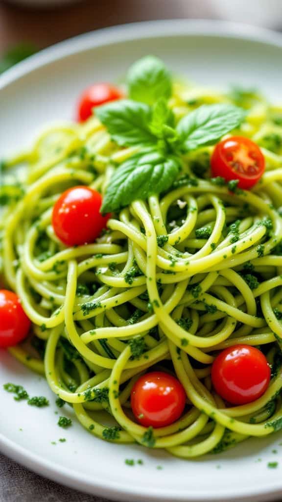 A plate of zucchini noodles mixed with green pesto and topped with cherry tomatoes.
