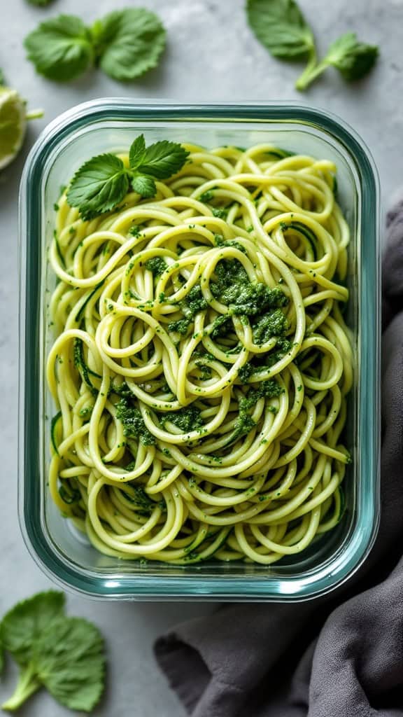 A container filled with zucchini noodles topped with green pesto sauce, garnished with fresh herbs.
