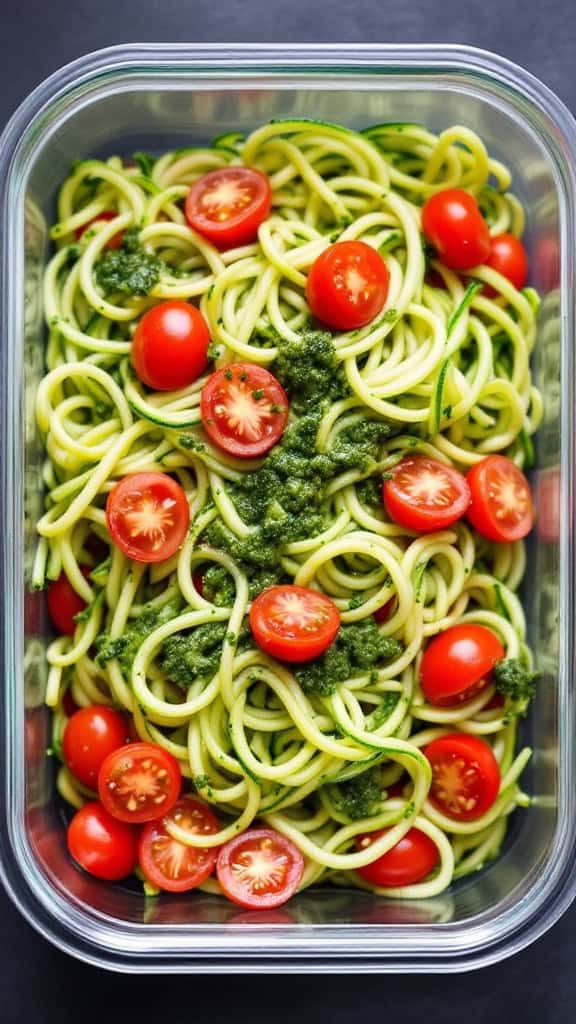 A glass container filled with zucchini noodles mixed with pesto and cherry tomatoes, topped with herbs.