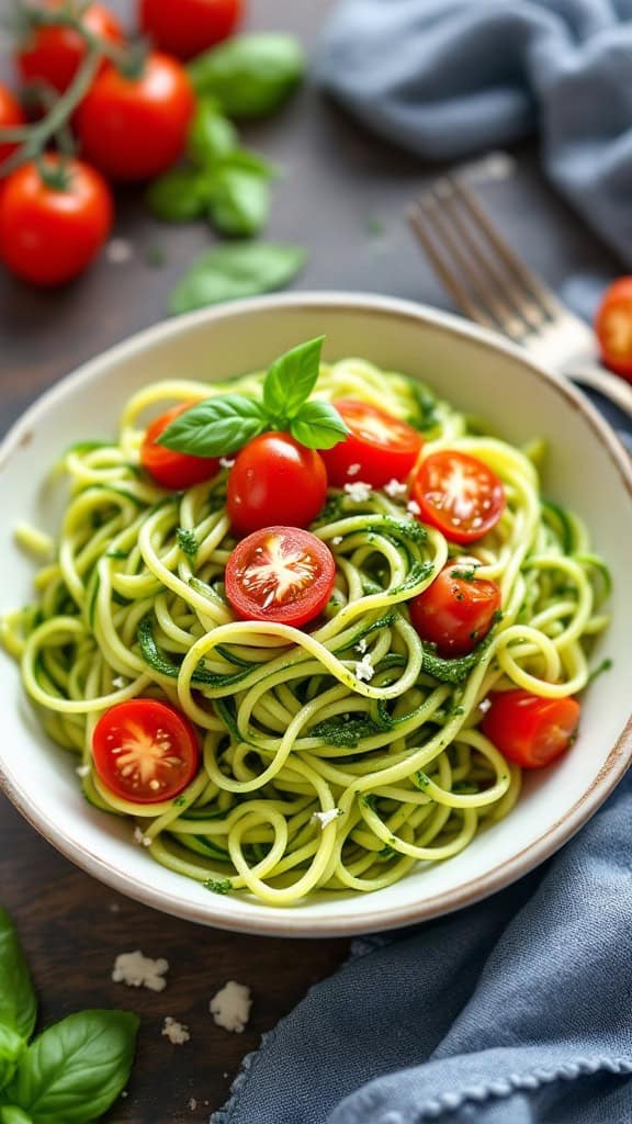 A bowl of zucchini noodles topped with pesto, cherry tomatoes, and fresh basil.