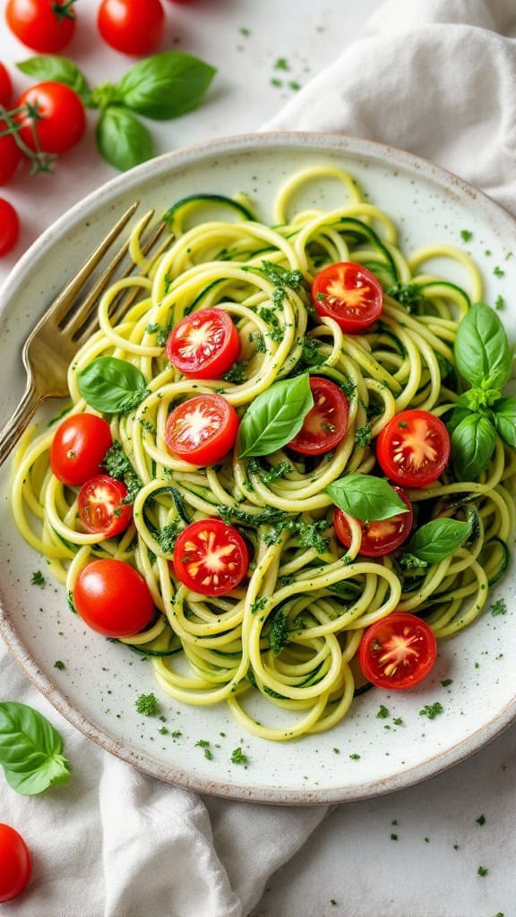 A plate of zucchini noodles mixed with pesto and cherry tomatoes, garnished with fresh basil.