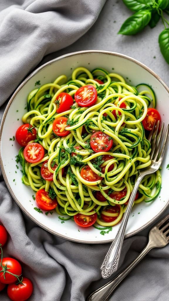 A bowl of zucchini noodles with pesto and cherry tomatoes, garnished with fresh basil.