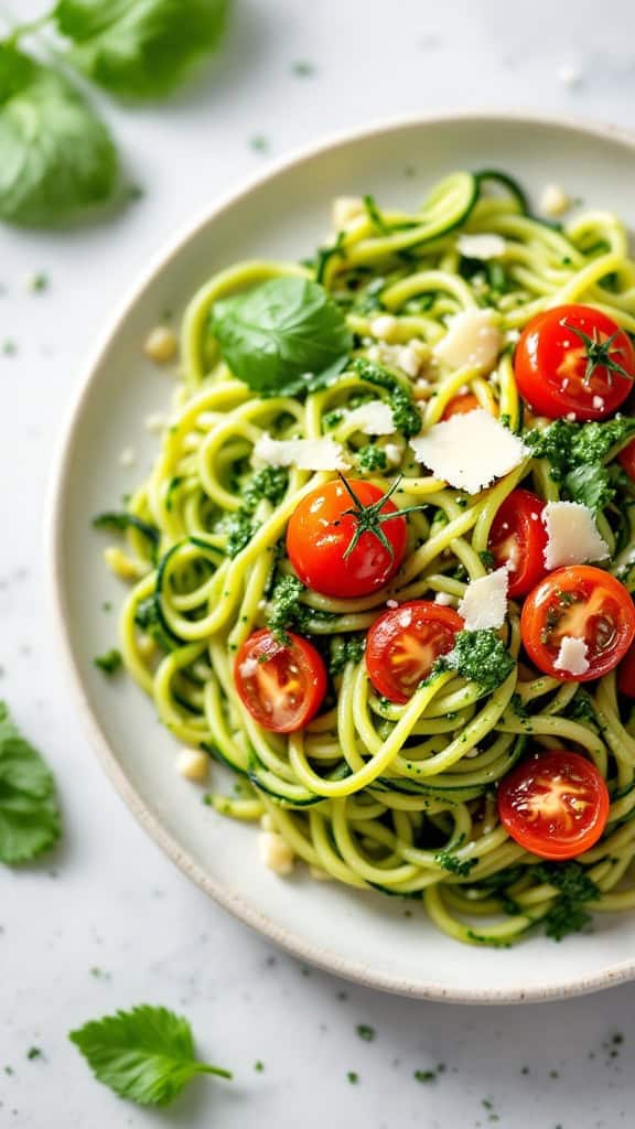 A bowl of zucchini noodles topped with pesto and cherry tomatoes.