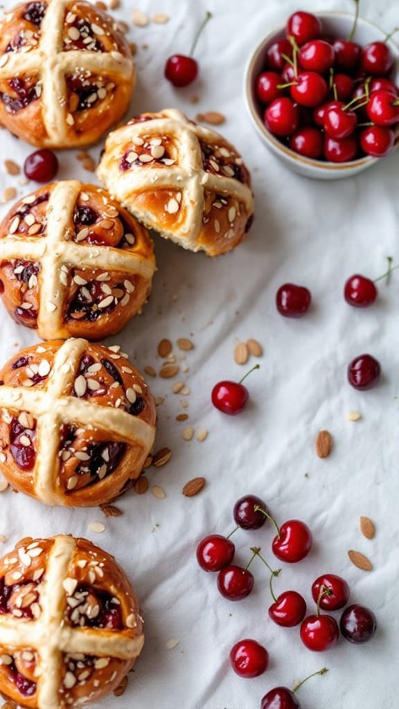 Almond and cherry hot cross buns with fresh cherries and almonds