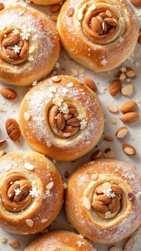 A freshly baked almond and orange blossom buns topped with almonds and delicate flowers.