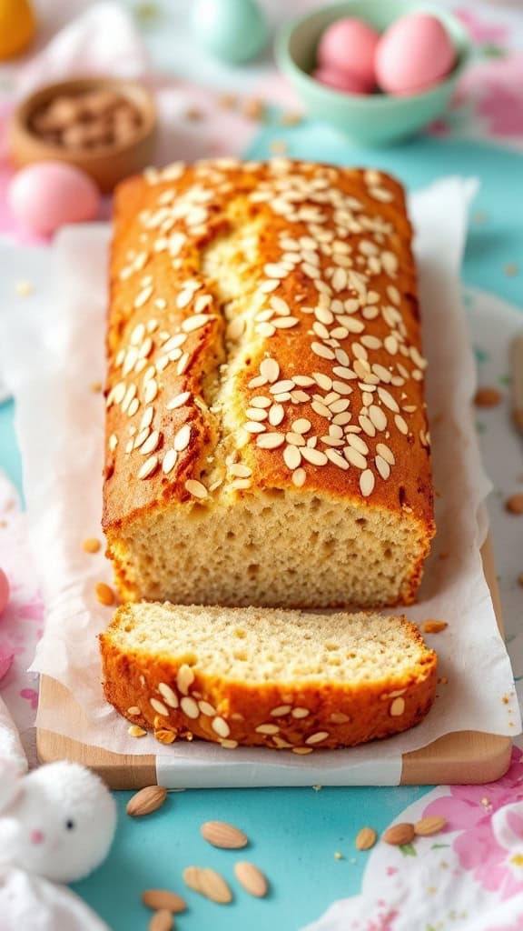 A loaf of almond flour Easter bread topped with sliced almonds, with pieces cut out, surrounded by pastel Easter eggs.