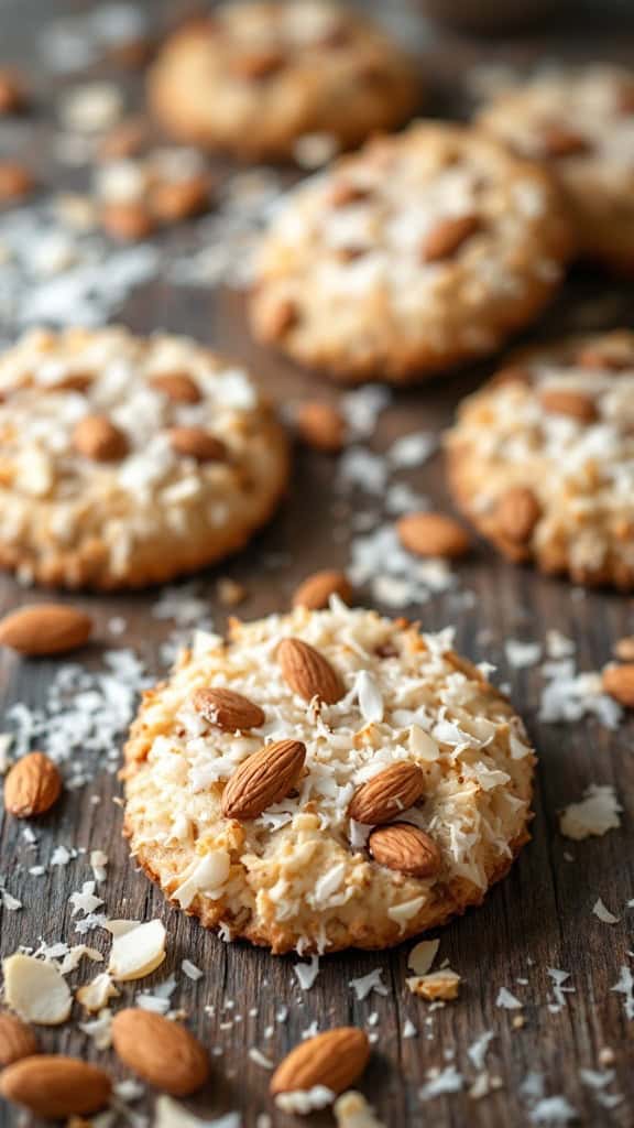 Delicious Almond Joy Cookies topped with almonds and coconut on a wooden surface.