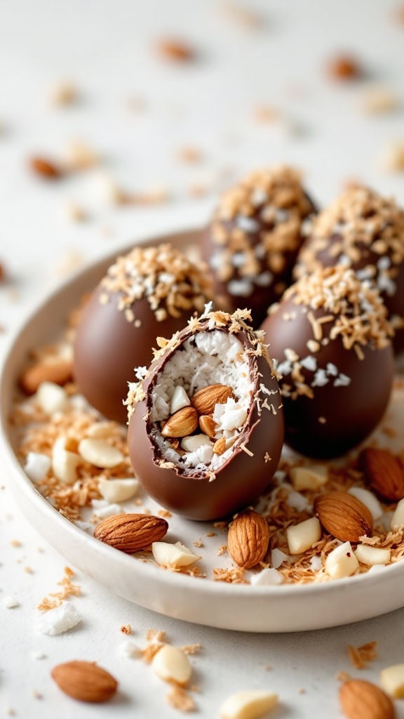 Chocolate eggs filled with coconut and almonds on a plate.
