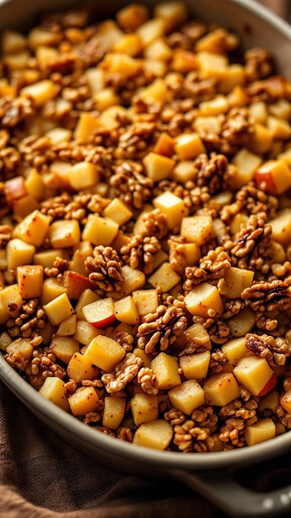 A close-up view of apple and walnut stuffing in a baking dish.