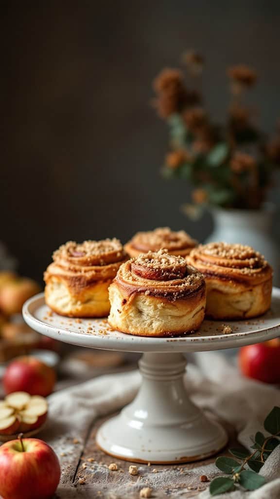 A plate of freshly baked apple cinnamon buns with streusel topping, surrounded by apples.