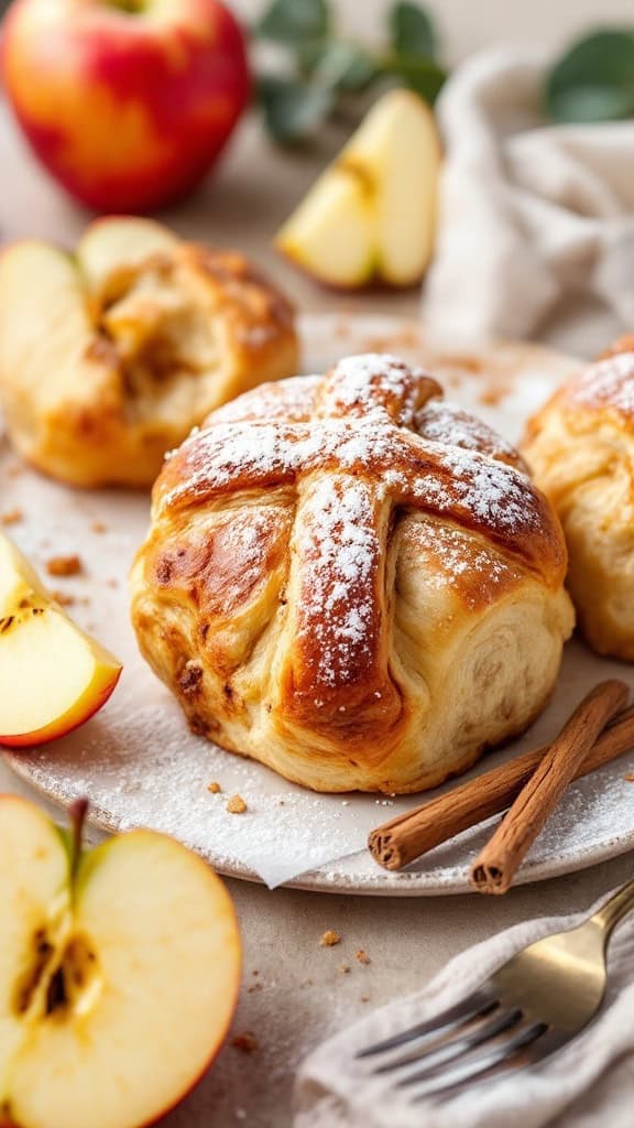 Delicious homemade apple cinnamon hot cross buns with powdered sugar and cinnamon sticks