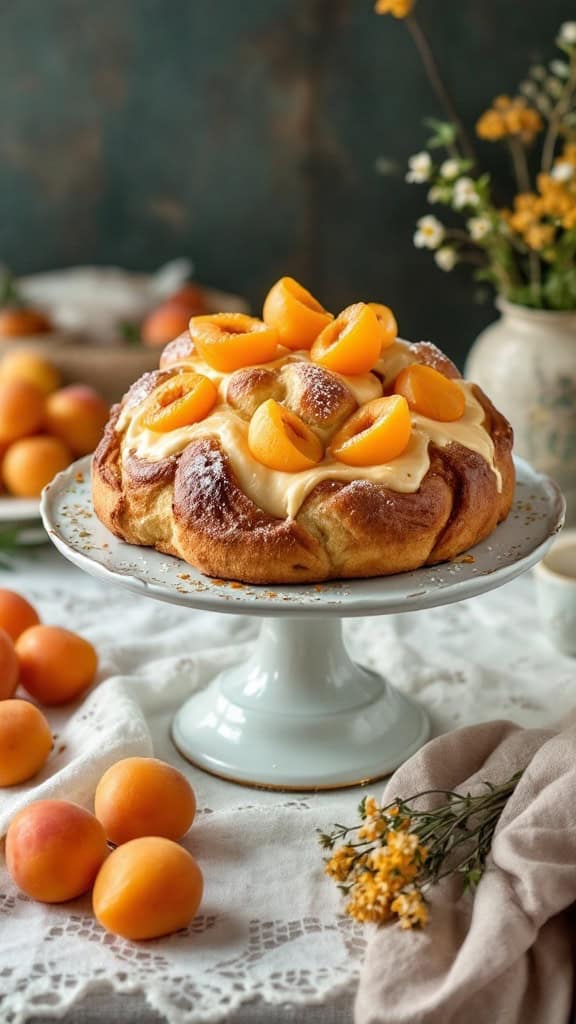 A beautifully decorated Easter bun topped with apricots on a white cake stand.