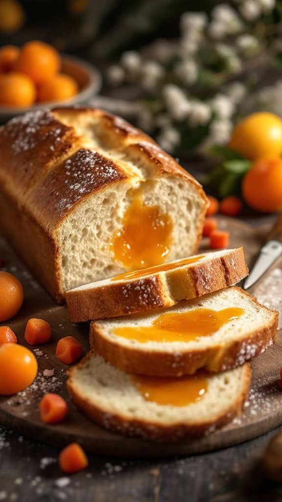 A loaf of bread filled with apricot jam, sliced on a wooden board with fresh apricots around it.
