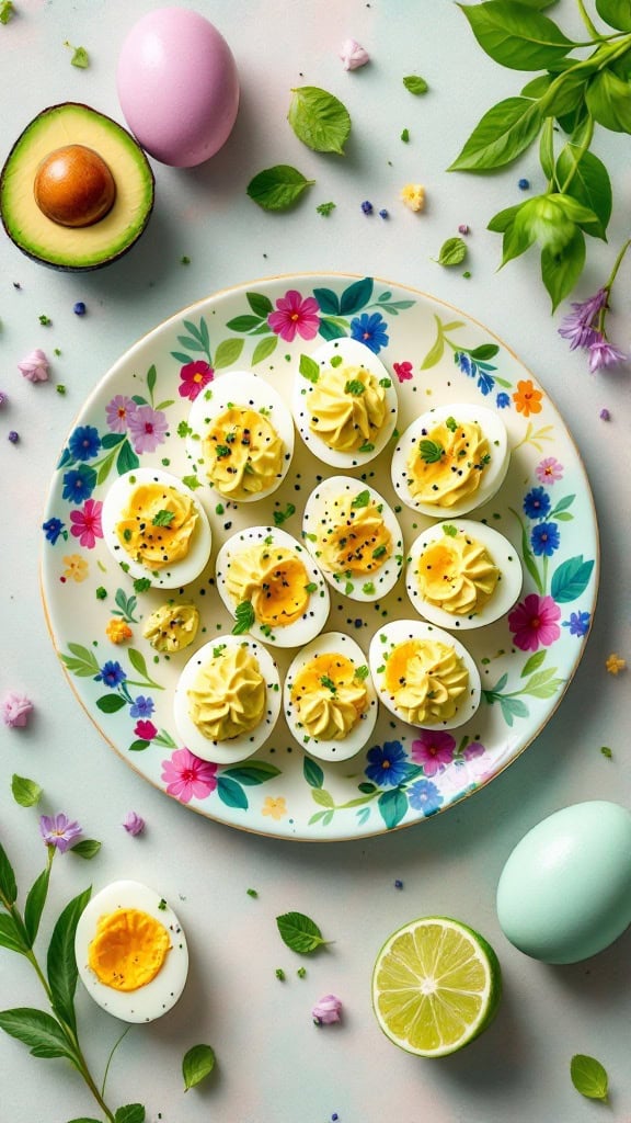 A colorful plate of avocado and lime deviled eggs decorated with herbs and edible flowers.