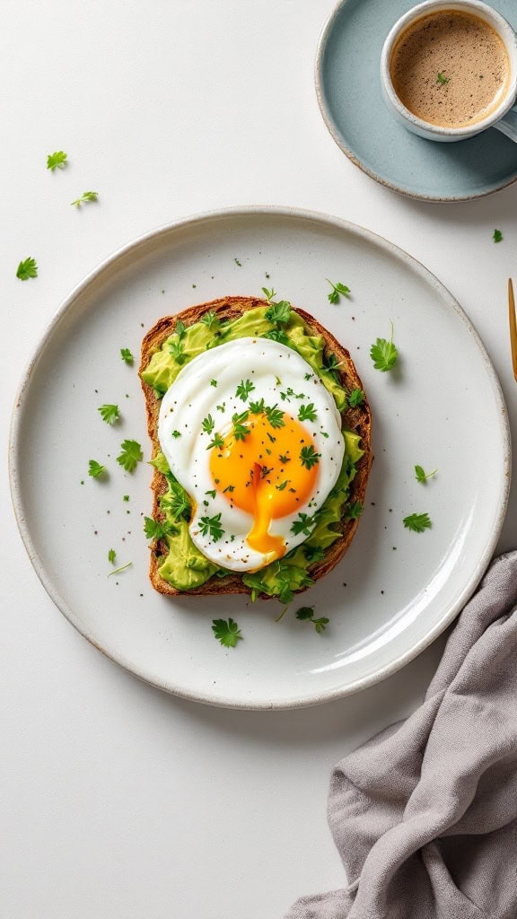 A plate of avocado toast topped with a poached egg and sprinkled with herbs.