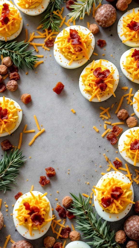 Bacon and cheddar deviled eggs with toppings and garnishes