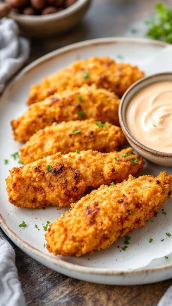 A plate of baked chicken tenders with a dipping sauce
