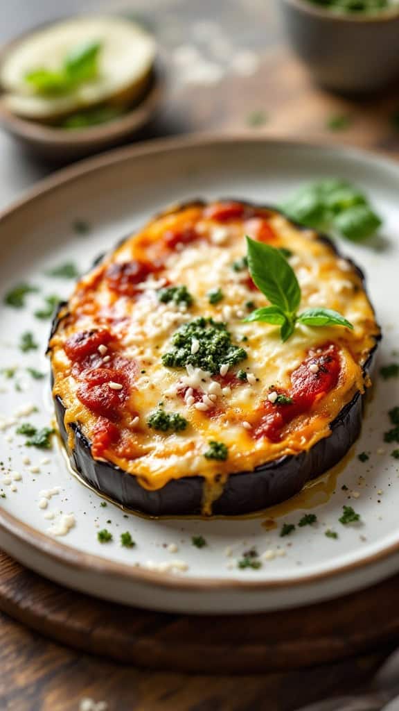 A serving of baked eggplant parmesan, topped with cheese and basil.