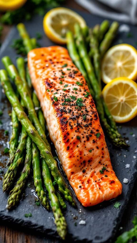 Baked salmon fillet served with asparagus and lemon slices on a slate board.