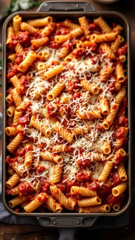 A large dish of baked ziti topped with cheese and marinara sauce.