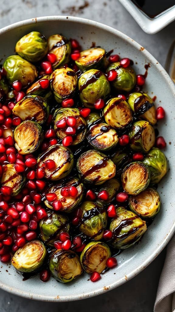 Balsamic glazed Brussels sprouts with pomegranate seeds in a bowl.