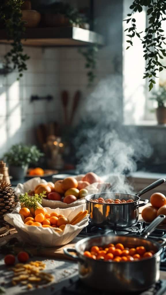A cozy kitchen scene with pots of fresh fruits and vegetables being prepared for batch cooking.