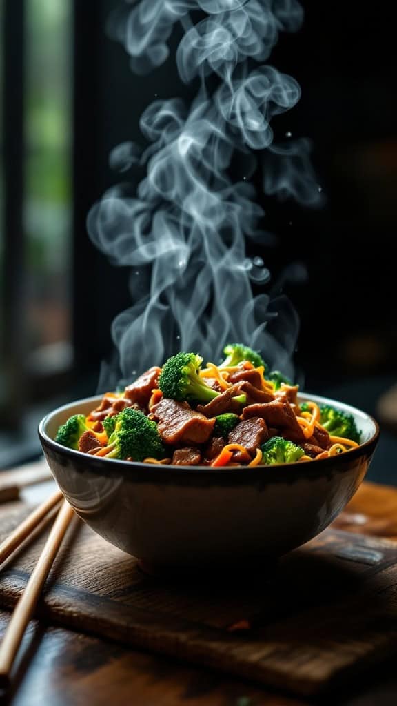 A steaming bowl of beef and broccoli stir-fry with noodles.