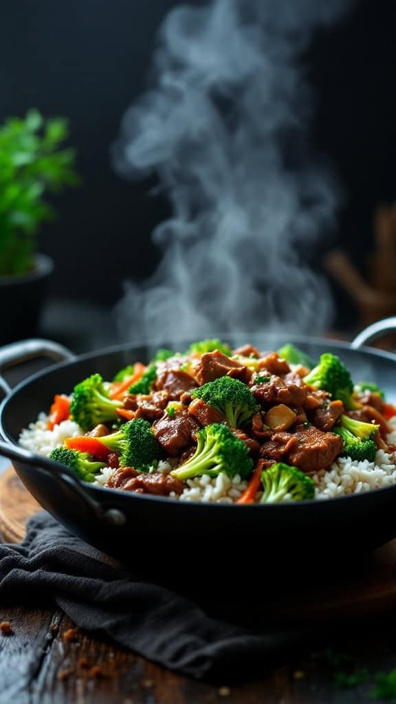 A steaming bowl of beef and broccoli stir-fry with colorful vegetables on rice.