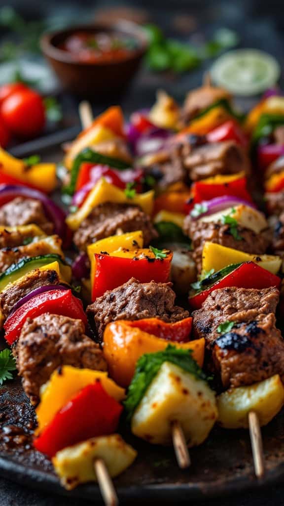 Delicious beef and vegetable skewers with vibrant peppers and onion on a platter.
