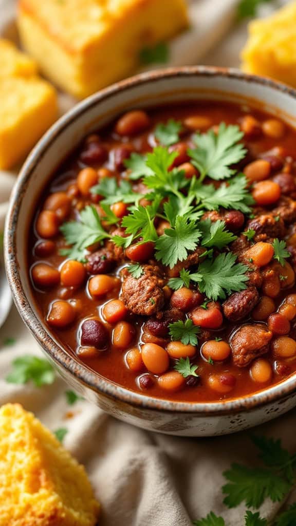 A bowl of beef chili garnished with cilantro, surrounded by cornbread.