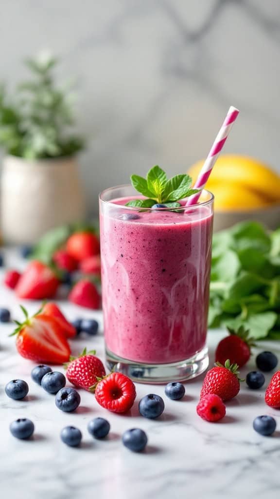 A vibrant berry and spinach smoothie in a glass with a striped straw, surrounded by fresh berries and spinach leaves.