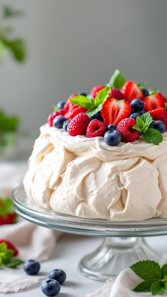 A beautifully arranged berry pavlova topped with fresh strawberries, blueberries, raspberries, and mint leaves.