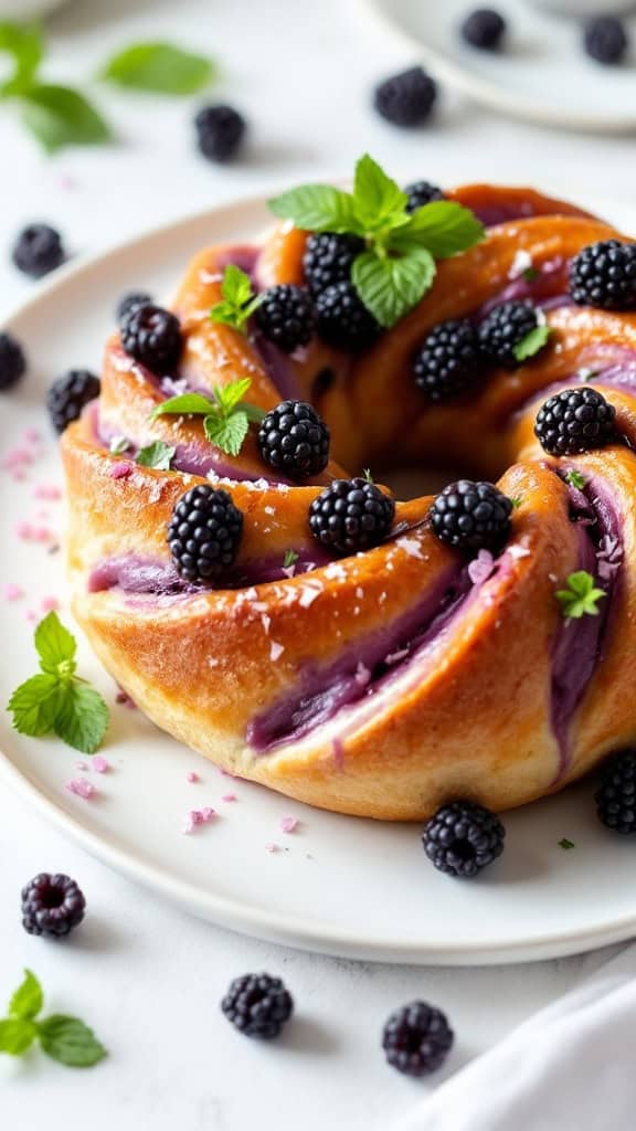 A beautifully arranged Blackberry and Mint Easter Bun topped with blackberries and mint leaves.
