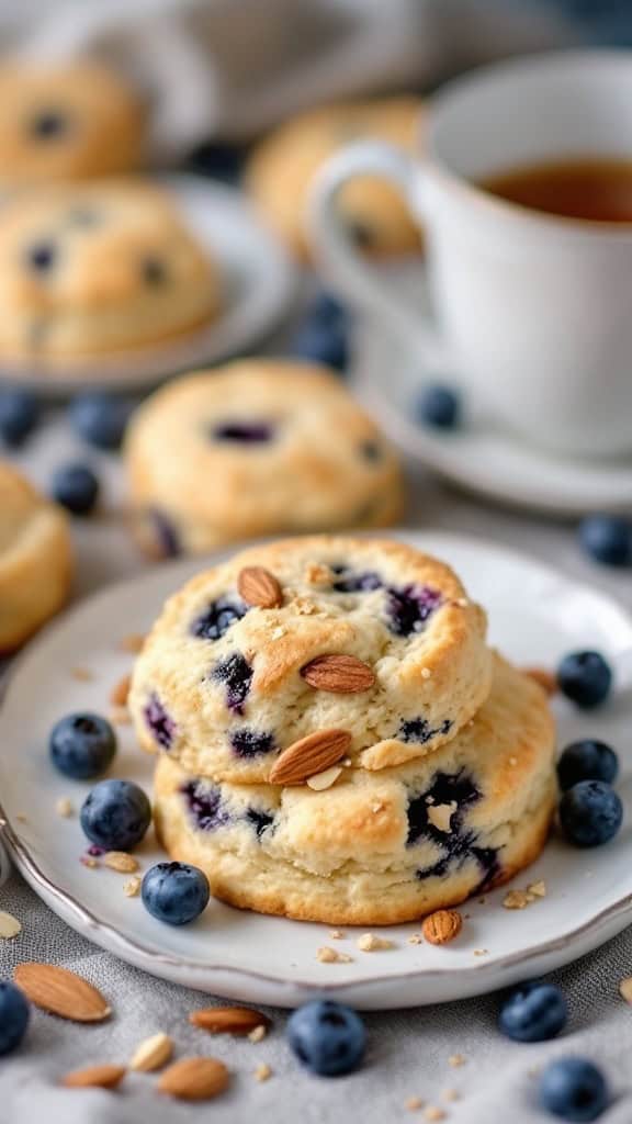 Blueberry almond biscuits with blueberries and a cup of tea on a white background.