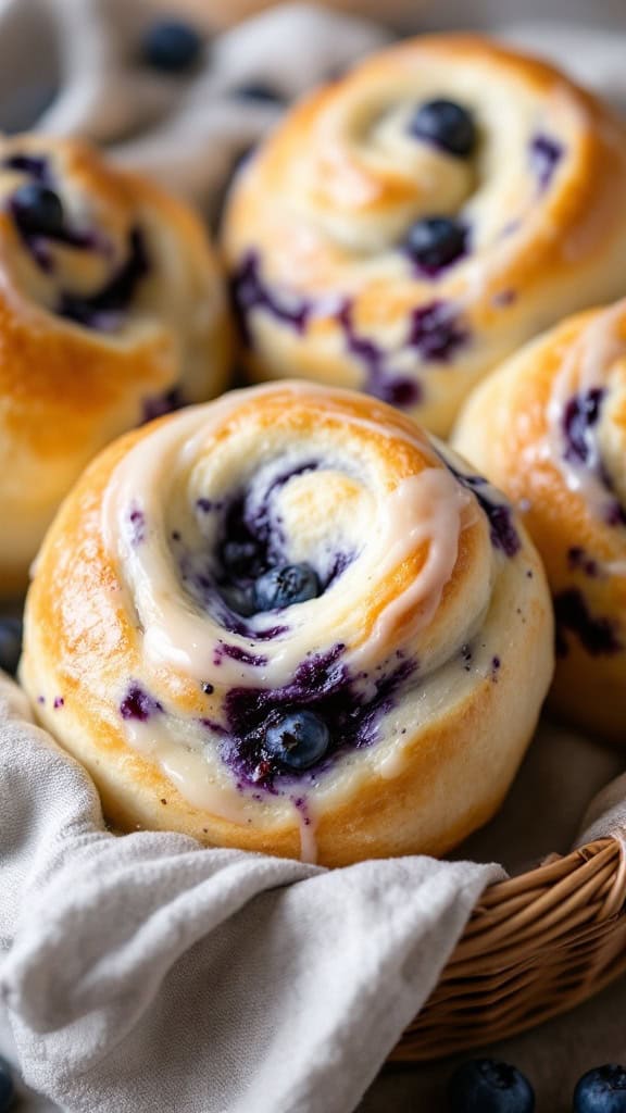 A fluffy blueberry buttermilk buns with a sweet glaze.