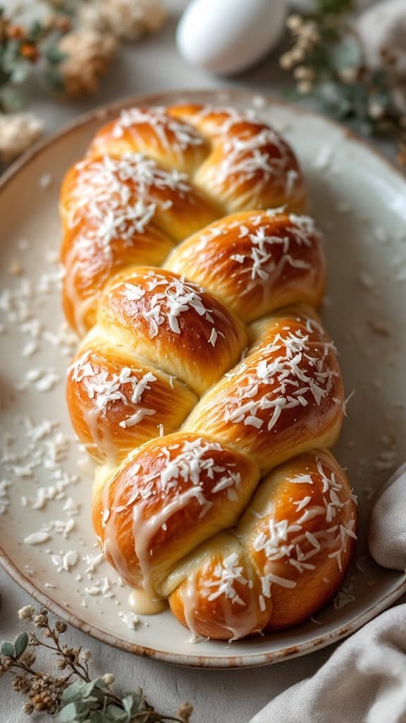 A beautifully braided coconut Easter bread with a glossy glaze and sprinkled coconut flakes on top