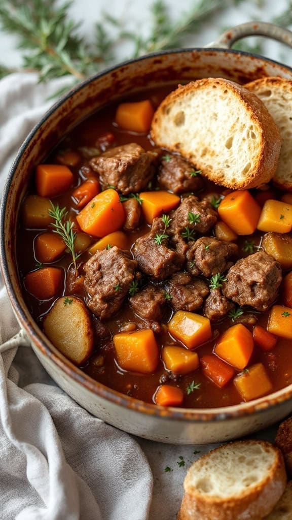 A pot of braised lamb stew filled with root vegetables and served with bread.