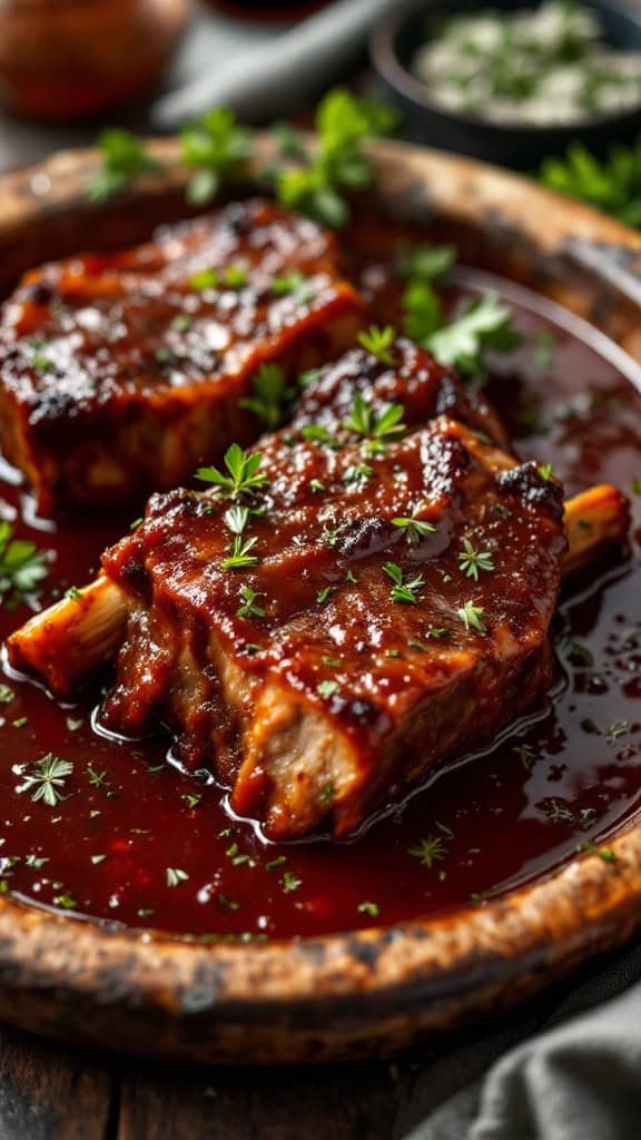 Braised short ribs with red wine served on a wooden platter