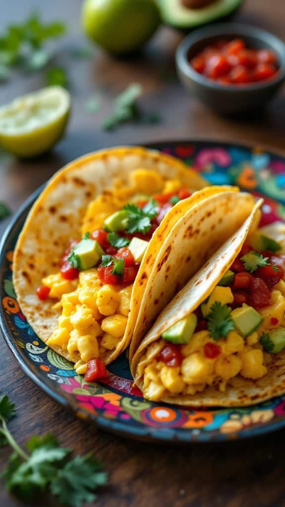 Breakfast tacos with eggs, salsa, and toppings on a colorful plate.