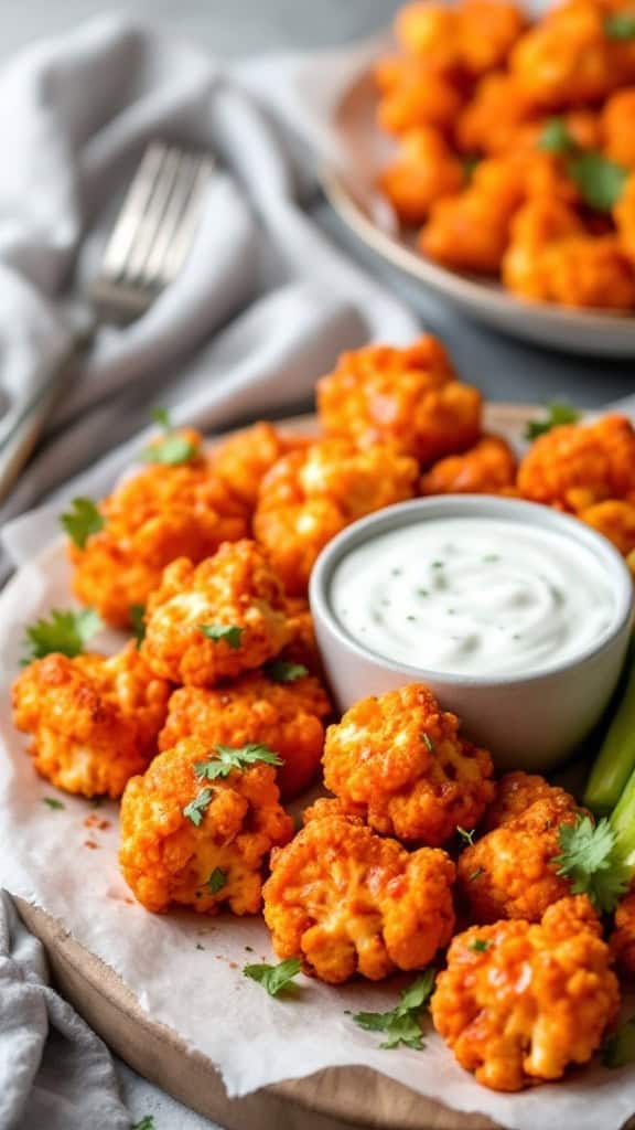 A plate of buffalo cauliflower bites with a bowl of dip.