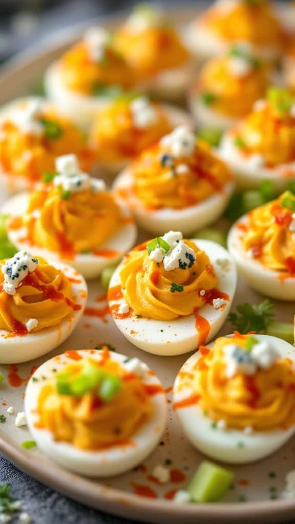 A close-up of Buffalo Chicken Deviled Eggs topped with hot sauce and blue cheese.
