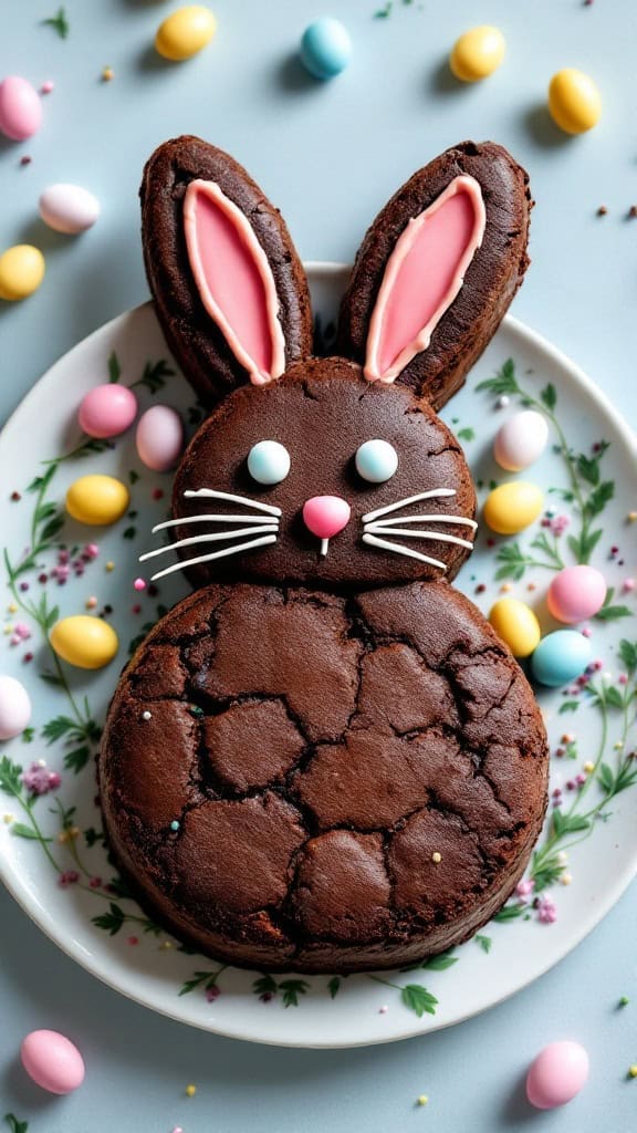 A bunny-shaped brownie cake decorated with colorful icing and surrounded by pastel candy eggs.
