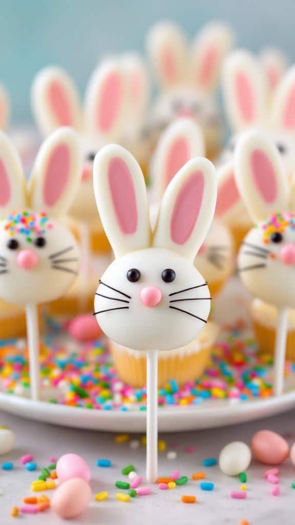 A plate of bunny butt cake pops decorated with colorful sprinkles.