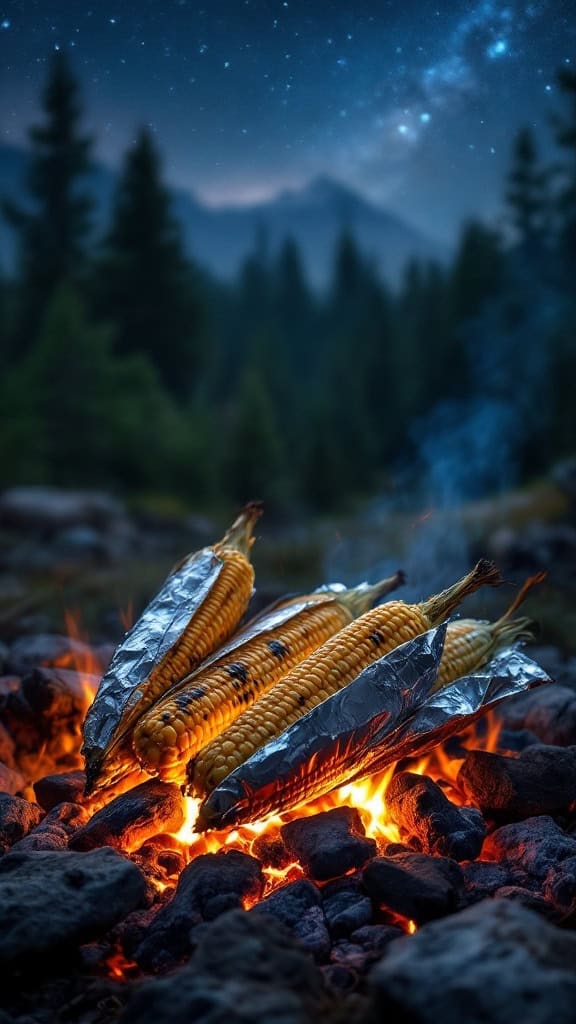 Campfire corn on the cob wrapped in aluminum foil cooking over glowing embers.