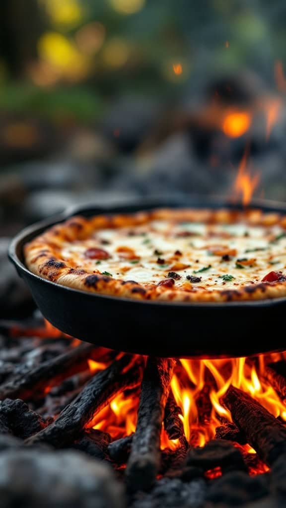 Campfire pizza cooking in a cast iron skillet over an open fire.