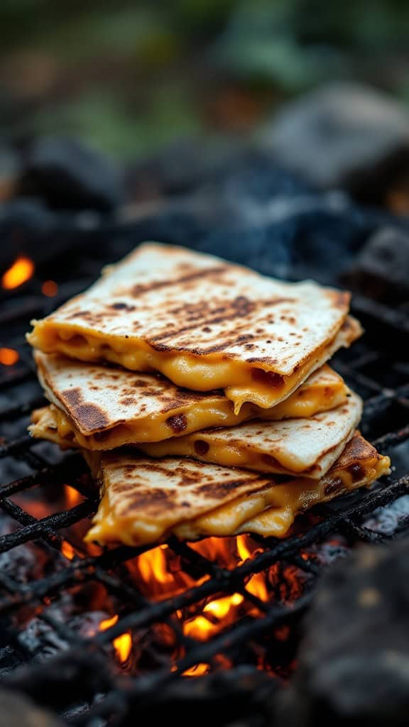 A stack of quesadillas grilling over a campfire.