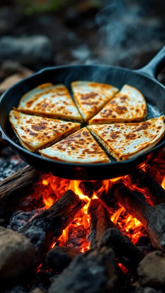 A cast iron skillet with cheesy quesadillas cooking over a campfire.
