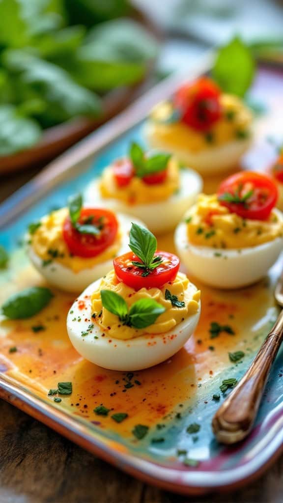 A colorful plate of Caprese deviled eggs garnished with basil and tomato slices.