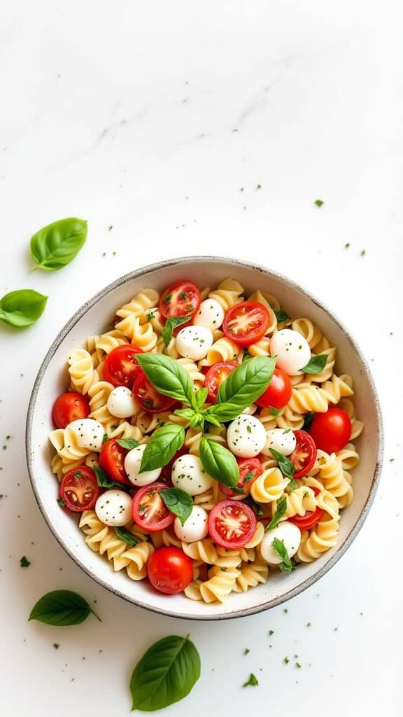 A bowl of Caprese pasta salad with cherry tomatoes, mozzarella balls, and fresh basil leaves.